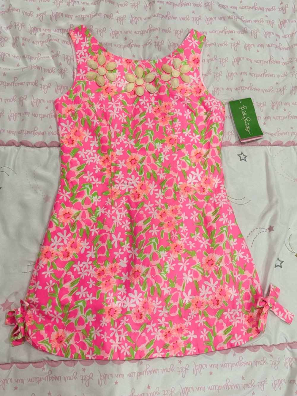 7, Lilly Pulitzer Pink & Green Floral Embellished Neckline Dress NWT